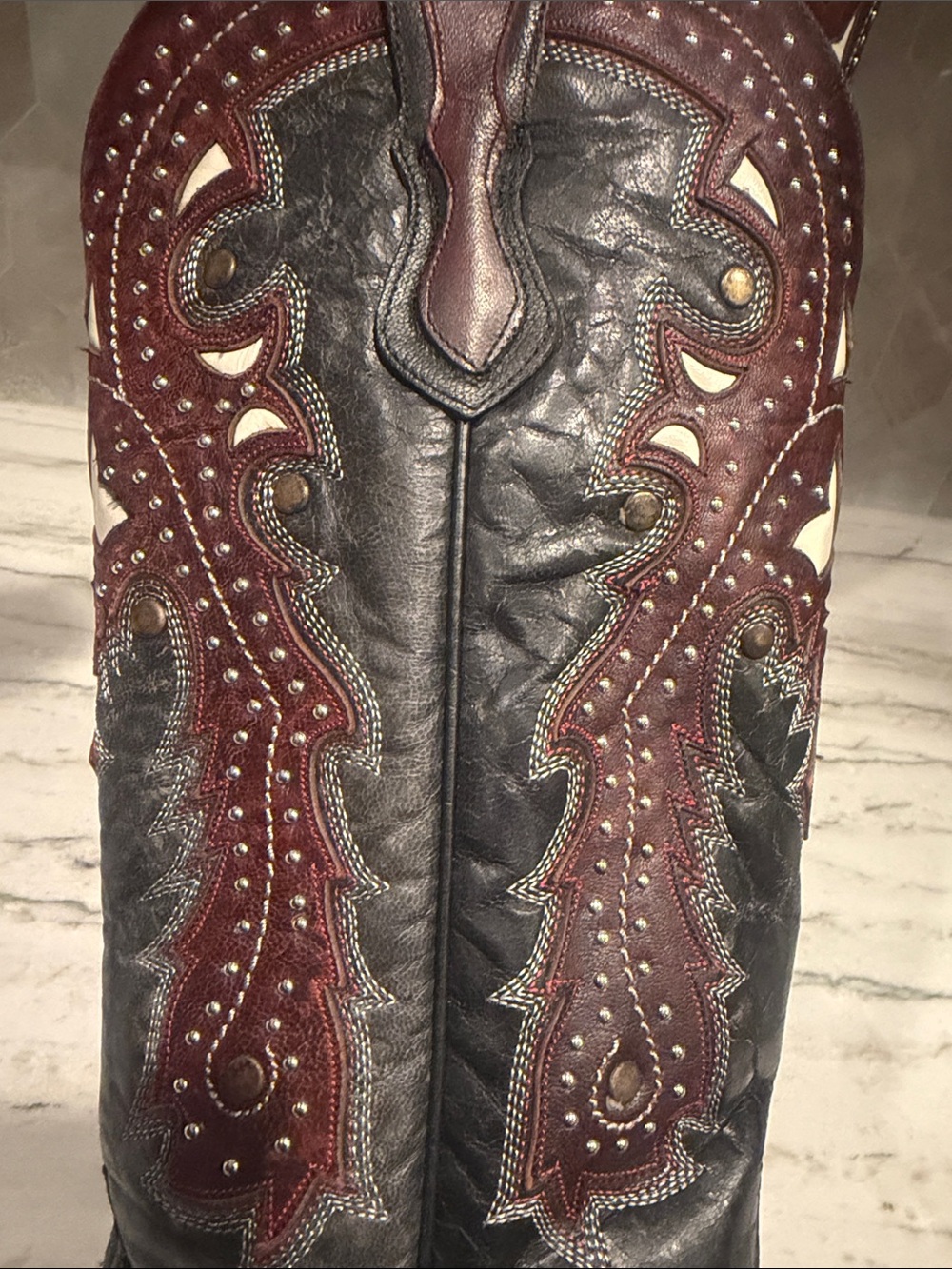 Women's Black and Burgundy Embellished Western Heeled Boots - Picture 4 of 11